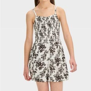 Art Class Girls' Smocked Woven Tank Top Romper - Fresh White Ebony S